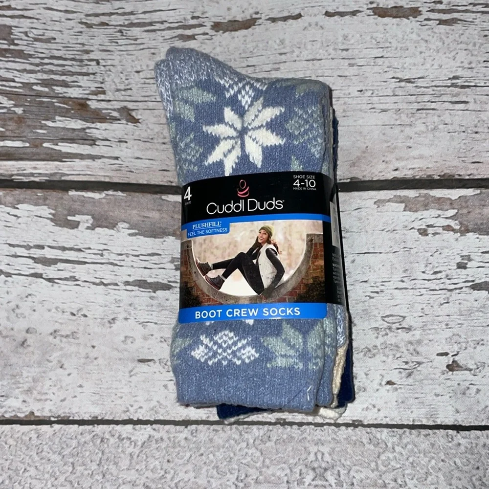 4 Pairs CuddlDuds Boot Crew Socks - Shoe Sz 4-10